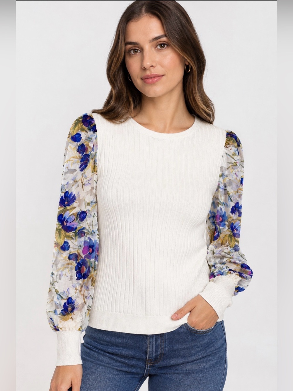 Fate Ivory Knit Top with Blue & Green Floral Puff Sleeves